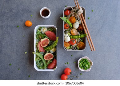 Homemade Japanese Light Meal In Bento Boxes / Tomatoes Soba And Fruits Salad / Ideal For Working People, Travelling, Outings And Picnic