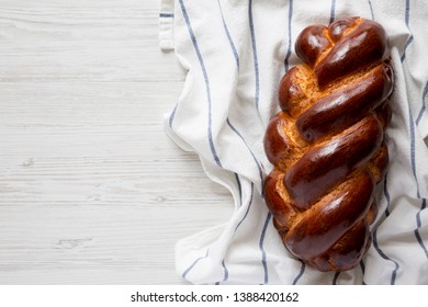 Homemade Jewish Challah Bread, Top View. From Above, Overhead, Flat Lay. Copy Space.