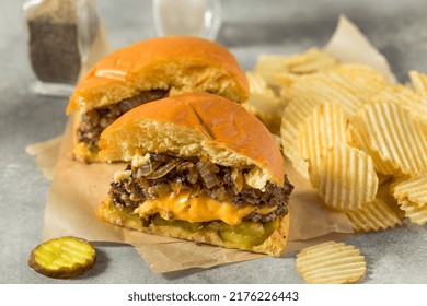 Homemade Juicy Lucy Cheeseburger with Cheddar and Chips
