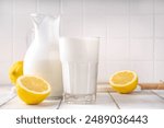 Homemade kefir, buttermilk or yogurt. Healthy probiotics prebiotic fermented dairy drink