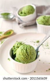 Homemade Keto Matcha Ice Cream Without Ice Cream Maker, In A Light Background.