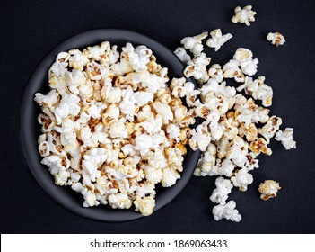 Homemade Kettle Corn Popcorn On Black Background With Copy Space. Top View
