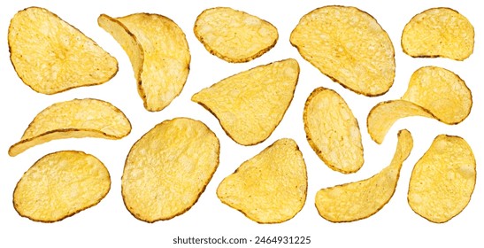 Homemade kettle potato chips isolated on white background, full depth of field