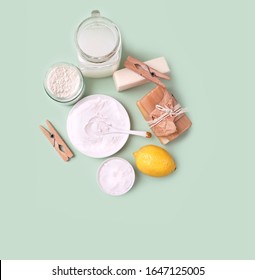 Homemade Laundry Detergent. Natural Product For Cleaning And Care. Ingredients DIY - Salt, Bath Soap, Lemon, Baking And Washing Soda, Laundry. Flat Lay