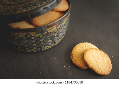 Homemade Lemon Cookies On Dark Concrete Background. Fresh Baked Cookies In A Vintage Cookie Jar. Dark Grey Surface/table.