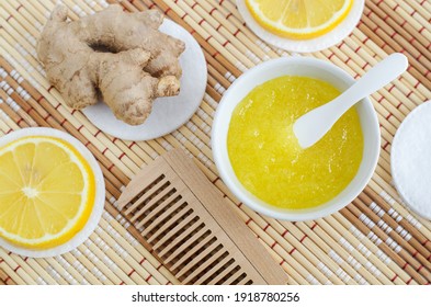 Homemade Lemon And Ginger Scrub (bath Salt, Foot Soak, Facial Or Hair Mask) In A Small White Bowl. Natural Beauty Treatment, Hair Care And Spa Recipe. Top View, Copy Space. 