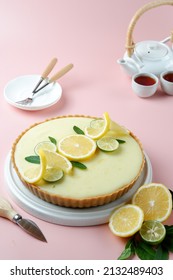 Homemade Lemon Pie For Tea Time In Pink Background Makes Color Pop Up Food Photography