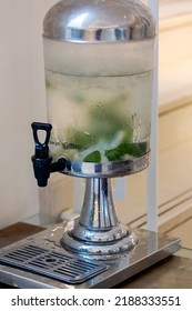 Homemade Lemonade Drink With Fresh Fruit In A Beverage Dispenser. Table With Fruit Infused Flavored Water, Citrus Lemonade, Cocktail In Glass Barrel With Tap. Catering Service Drinks On Summer Party.