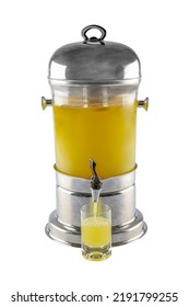 Homemade Lemonade Drink With Fresh Fruit In A Beverage Dispenser. Table With Fruit Infused Flavored Water, Citrus Lemonade, Cocktail In Glass Barrel With Tap. Catering Service Drinks On Summer Party.