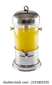 Homemade Lemonade Drink With Fresh Fruit In A Beverage Dispenser. Table With Fruit Infused Flavored Water, Citrus Lemonade, Cocktail In Glass Barrel With Tap. Catering Service Drinks On Summer Party.