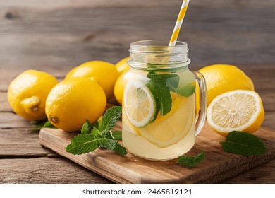 Homemade lemonade with lemon and mint in mason jar on wooden table. Refreshing summer drink. Drink making ingredients for lemonade.