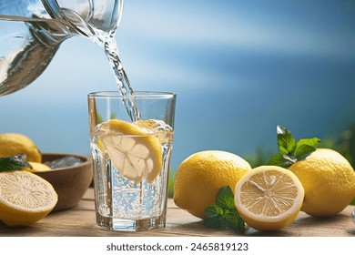 Homemade lemonade with lemon and mint in mason jar on wooden table. Refreshing summer drink. Drink making ingredients for lemonade. - Powered by Shutterstock