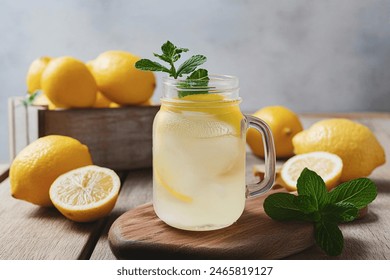 Homemade lemonade with lemon and mint in mason jar on wooden table. Refreshing summer drink. Drink making ingredients for lemonade. - Powered by Shutterstock