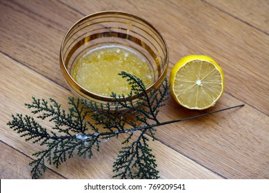 Homemade lip scrub made out of honey, olive oil and sugar 