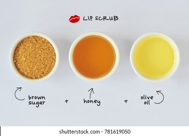 Homemade Lip Scrub Made Out Of Brown Sugar, Honey And Olive Oil - White Background