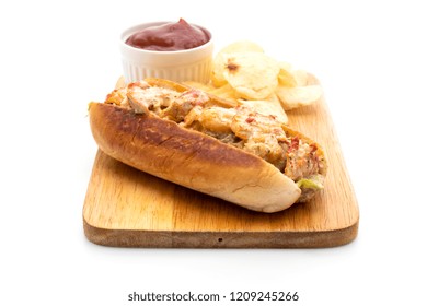 Homemade Lobster Roll With Potato Chips Isolated On White Background