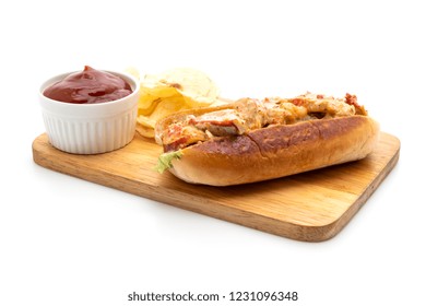 Homemade Lobster Roll With Potato Chips Isolated On White Background