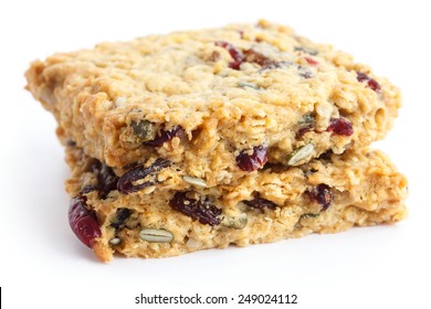 Homemade Luxury Fruit Muesli Bar. On White.