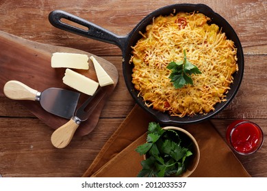 Homemade Macaroni And Cheese For Kids. Made From Macaroni And Shredded Cheese, Served On Cast Iron.