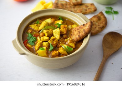 Homemade Mango Coconut Curry Chicken With White Rice And Garlic Naan Flatbread 