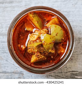 Homemade Mango Pickle in a Jar, selective focus