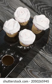 Homemade Marshmallows. Marshmallow In A Waffle Cone On A Counter For Making. Made In The Shape Of A Rose. Close-up Shot.