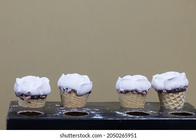 Homemade Marshmallows. Marshmallow In A Waffle Cone On A Counter For Making. Made In The Shape Of A Rose. Close-up Shot.