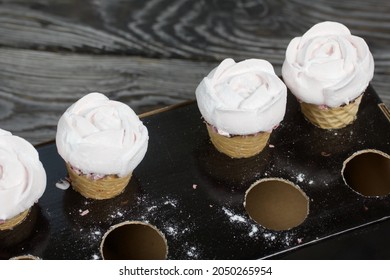 Homemade Marshmallows. Marshmallow In A Waffle Cone On A Counter For Making. Made In The Shape Of A Rose. Close-up Shot.