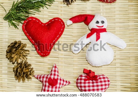 Homemade and mass-produced ornaments for the festive season / Christmas decorations / Handmade snowman,hearts,star,reindeer and santa claus hat are all handcrafted by yours truly