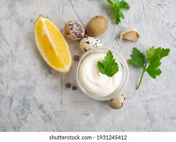 Homemade Mayonnaise, Quail Eggs On Concrete Background