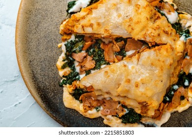 Homemade Meat And Vegetable Lasagne. Grandma's Recipe. Top View