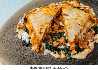 Homemade Meat And Vegetable Lasagne. Grandma's Recipe. Top View