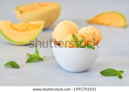 Homemade melon sorbet, ice cream in white ceramic bowl  . Close up                           