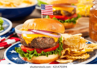 Homemade Memorial Day Hamburger Picnic With Chips And Fruit