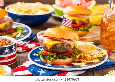 Homemade Memorial Day Hamburger Picnic with Chips and Fruit