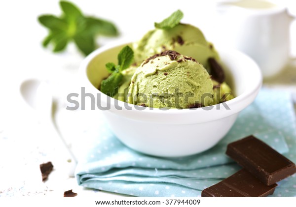 Homemade mint ice cream with chocolate chips\
in a bowl on a light\
background.