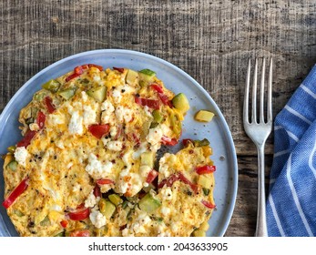 Homemade Mixed Veggie And Cheese Omelet On The Table For Breakfast