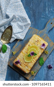 Homemade Moist Lemon Pound Cake Or Loaf With Copy Space Overhead View