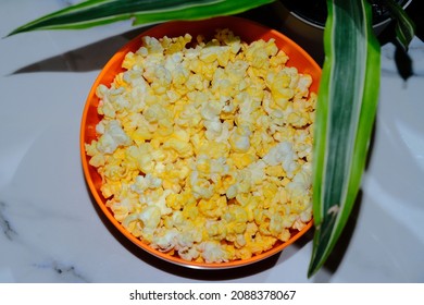 Homemade Movie Theater Popcorn On Kitchen Counter Using Direct Flash Styling Like Retro Disposable Camera Photo