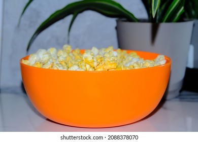 Homemade Movie Theater Popcorn On Kitchen Counter Using Direct Flash Styling Like Retro Disposable Camera Photo