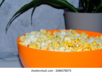 Homemade Movie Theater Popcorn On Kitchen Counter Using Direct Flash Styling Like Retro Disposable Camera Photo