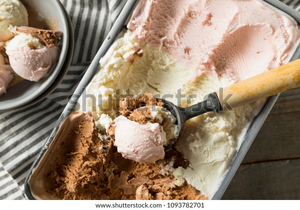 Homemade Neopolitan Ice Cream with Vanilla\
Chocolate and\
Strawberry
