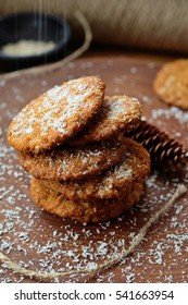 Homemade Oat Cookies . Coconut Flakes Are Falling On Biscuits.selective Focus