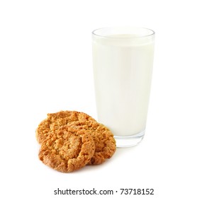 Homemade Oat Cookies And Milk On A White Background