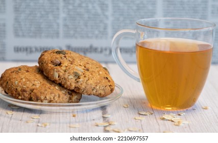 Homemade Oatmeal Cookies With A Cup Of Tea