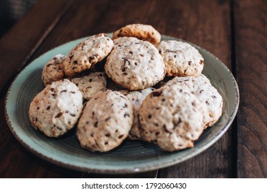 Homemade Oatmeal Raisin Cookies On Wood Background. Healthy Snack. Flaxseed Oatmeal Cookies.