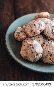 Homemade Oatmeal Raisin Cookies On Wood Background. Healthy Snack. Flaxseed Oatmeal Cookies.