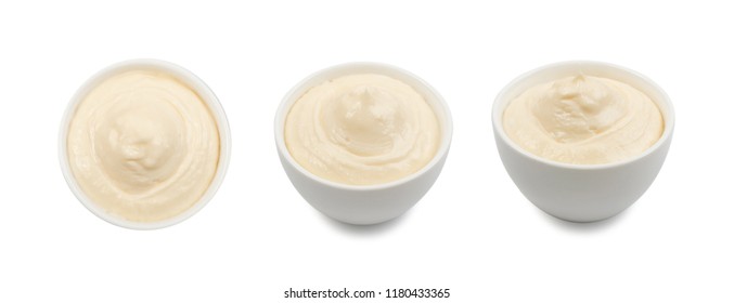 Homemade Olive Mayonnaise Or Mayo Sauce In Small Bowl Close Up Top View. Macro Photo Of Greek Yogurt, Sour Cream, Cheese Pudding Or Aioli Isolated On White Background With Clipping Path