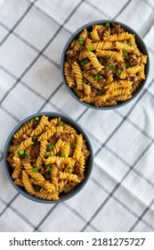 Homemade One-Pot Cheeseburger Pasta In Bowls, Top View. Flat Lay, Overhead, From Above.