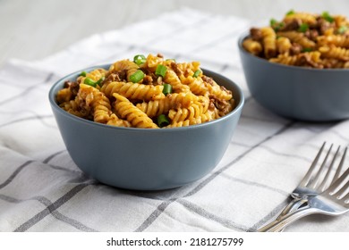 Homemade One-Pot Cheeseburger Pasta In Bowls, Side View. 